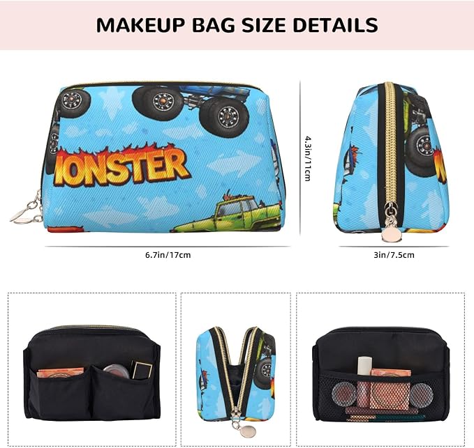 Monster Truck Cartoon Leather Makeup Bag Cosmetic Pouch Portable Travel - Image 4