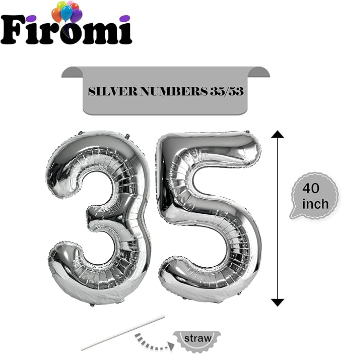 FIROMI 35 Number Balloons Silver Big Foil Mylar 53 Balloon Numbers 40 inch | - Image 2