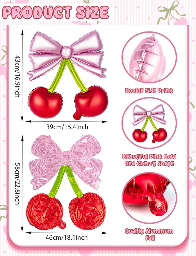 10Pcs Pink Bow Red Cherry Foil Balloons | - Image 2