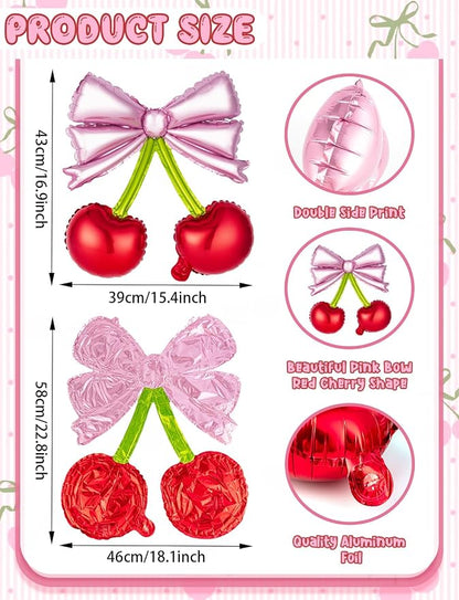 10Pcs Pink Bow Red Cherry Foil Balloons | - Image 2