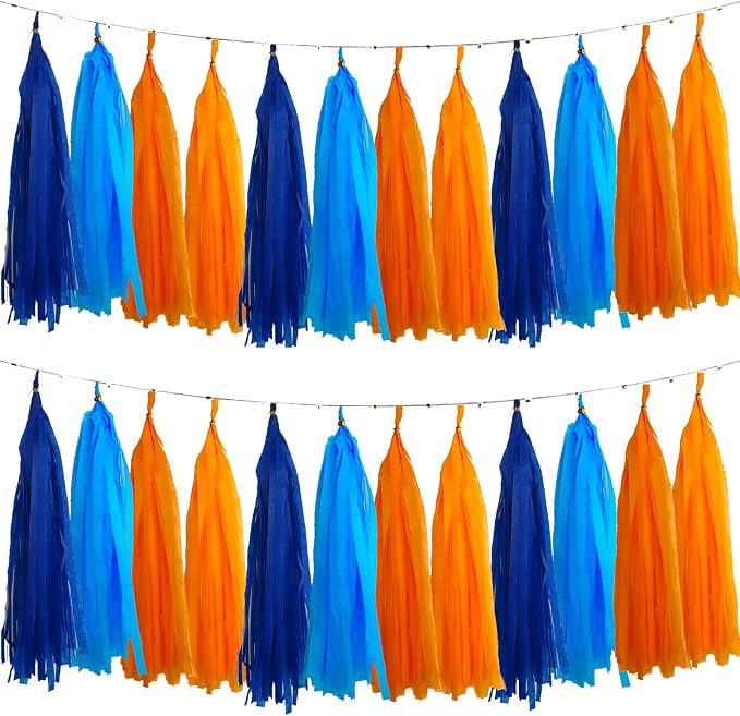 Blue and Orange Tassel Garland，Tissue Tassel Banner by We+Moment
