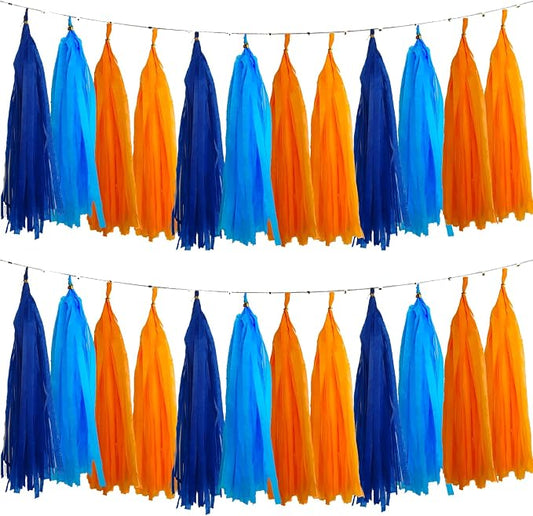 Blue and Orange Tassel Garland，Tissue Tassel Banner by We+Moment
