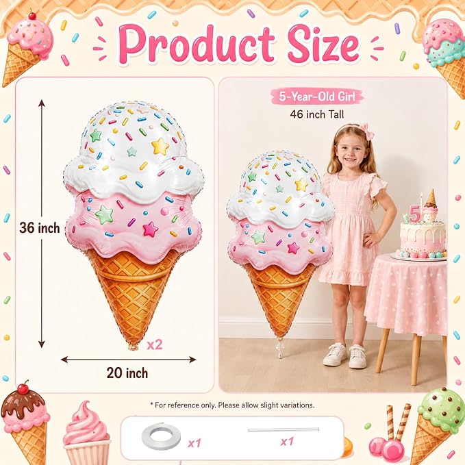 36 Inch Large Ice Cream Balloons Cone Kit, Giant Sweet Pink Ice Cream Sprinkle - Image 2