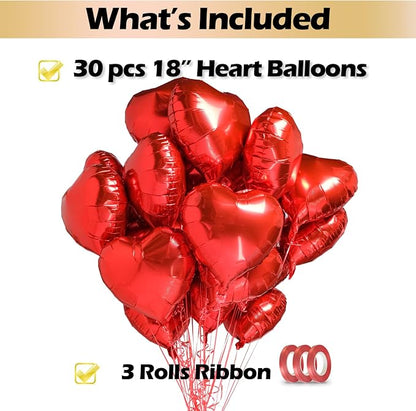 30 pcs Red Heart Balloons 18" a bunch of Heart Love Foil Helium Balloons - Image 2