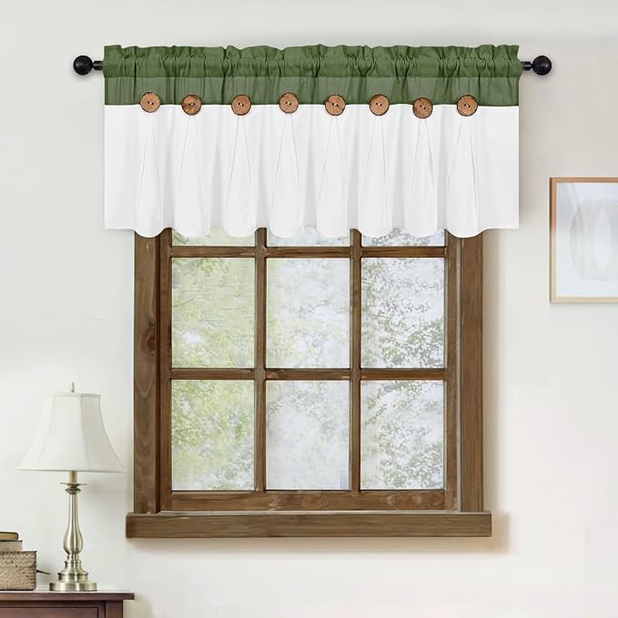 Farmhouse Valance Curtains, Boho Cotton Linen Kitchen Valance, Rustic Button - Image 3