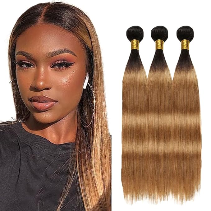 Blonde Bundles Human Hair Ombre Straight Bundle Niegmeag Brazilian Virgin Remy Hair 3 Bundles 22 24 26 Inch 2 Tone Black and Honey Blonde Straight Bundle Double Weft Hair Weave 300g
