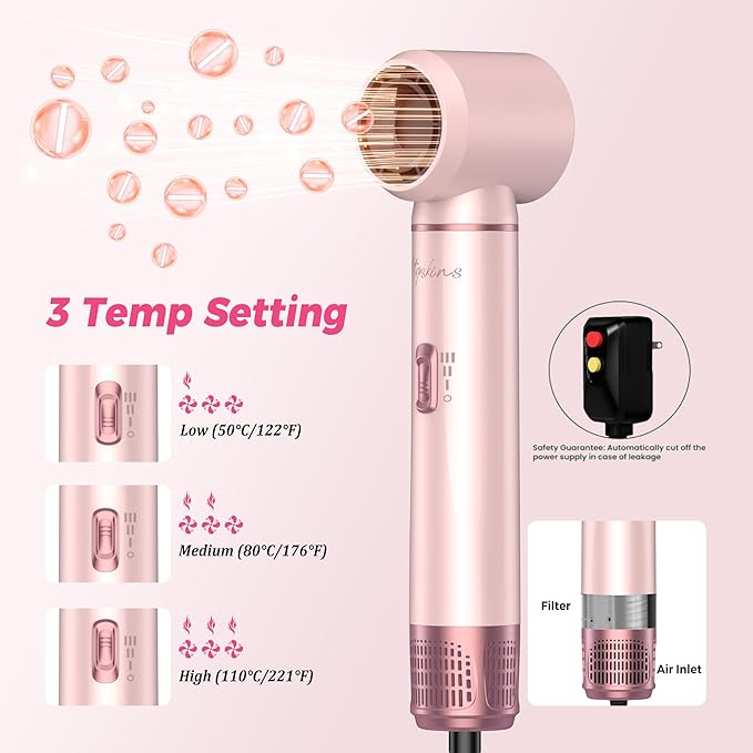 5 in 1 Hair Dryer Brush Set, Hot Air Styler, Detachable Blow Dryer Brush, 3 Heat Settings Auto Curling Wrap Styler, Ionic Hair Styling Tools, Straight Curl Dry Volumiz Smooth (Pink)