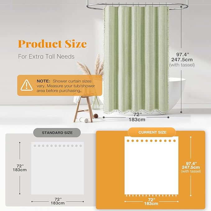 72x96 Extra Long Boho Linen Heavy Duty Shower Curtain Set, Sage Green | Extra - Image 3
