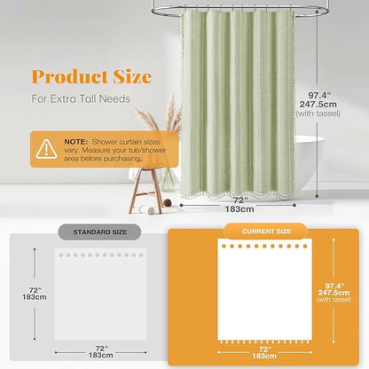 72x96 Extra Long Boho Linen Heavy Duty Shower Curtain Set, Sage Green | Extra - Image 3
