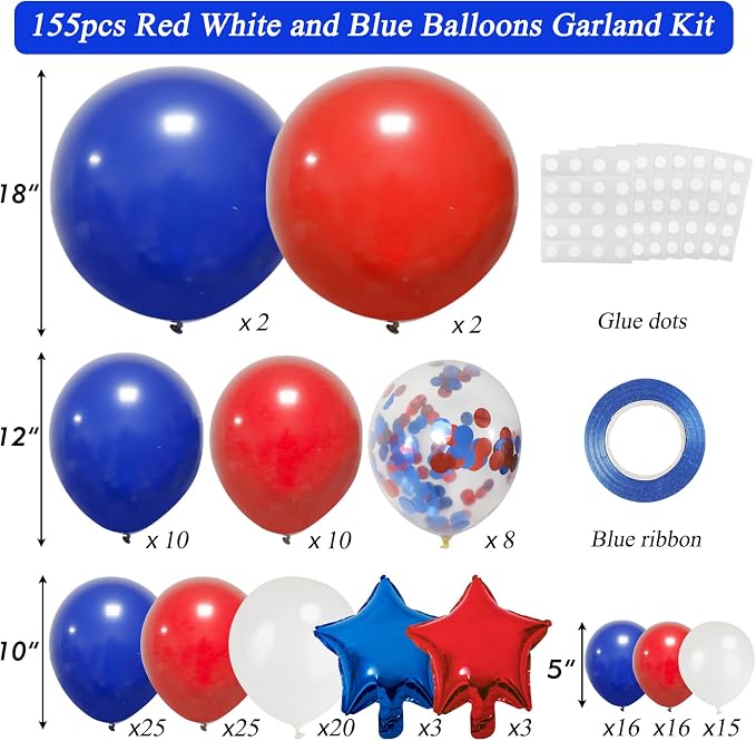 RUBFAC Red White and Blue Balloons Arch Kit, 4th of July Balloons Patriotic - Image 2
