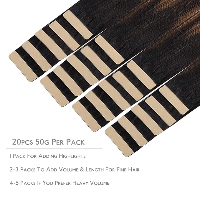 WENNALIFE Tape in Hair Extensions Human Hair, 20pcs 50g 20 inch Natural Black Mixed Chestnut Brown Remy Hair Extensions Straight Human Hair Tape in Extensions Skin Weft Tape Extensions Human Hair