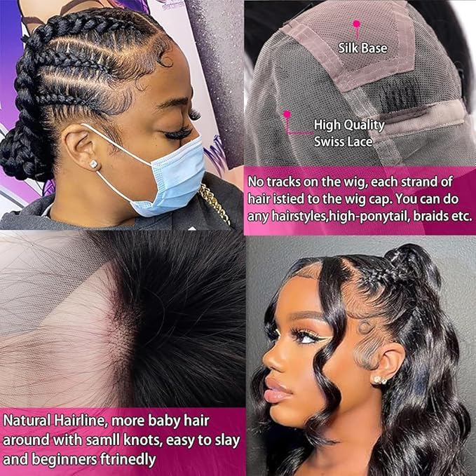 Straight Full Lace Wigs Human Hair 100% Hand-tied Full Scalp Lace Wigs for Black Women 180% Density(16inch, Natural Black)