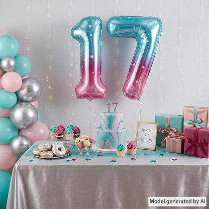 40 Inch Blue Pink Number 17 Balloon, Giant Ombre Foil 17th Birthday Decor | - Image 3