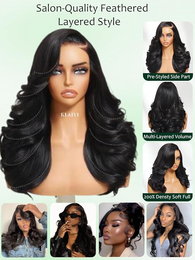 KLAIYI Bye Bye Slip™ Loose Body Wave Wig Layer Side Part 200% Density 7X5 Pre Cut Lace Front Wigs Human Hair Drawstring Glueless 30S Ready to Wear and Go Beginner Wig Pre Plucked Bleached Knots 14Inch