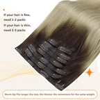 Full Shine Human Hair Clip in Extensions 16 Inch Ombre Dark Brown to Ash Blonde and Platinum Blonde Real Human Hair Clip ins Extension Thick End 8 PCS 120 Grams