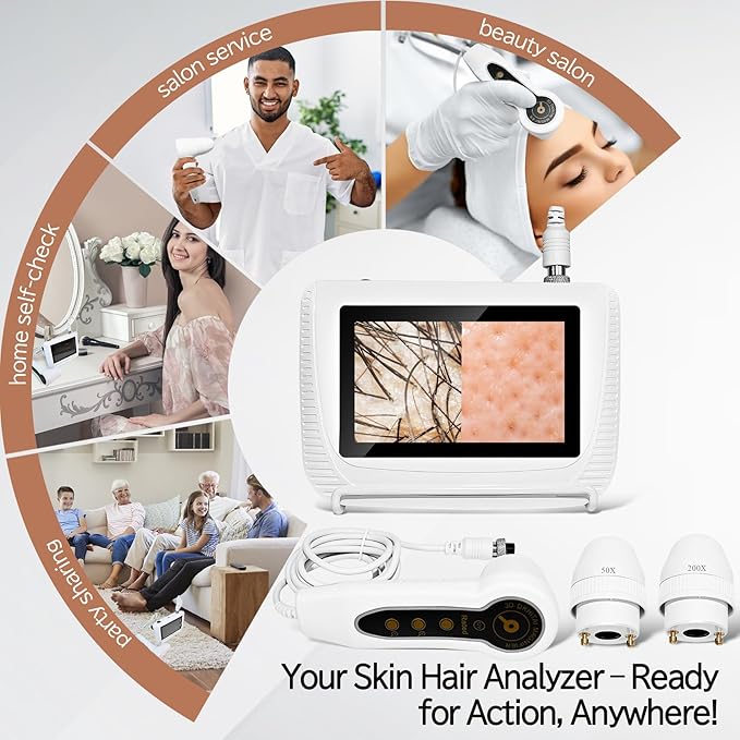 Skin Hair Analyzer 5 Inch Digital Skin & Hair Analyzer with 50x/200x Lenses, Portable Scalp Analyzer, Rechargeable Skin Detector, High-Definition Lcd Display, Suitable for Home and Salon Use