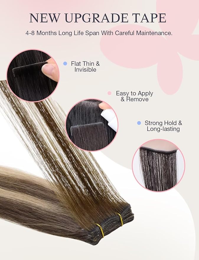 DOORES Invisi Edge Tape in Human Hair Extensions, Chocolate Brown to Honey Blonde 10pcs Injection Tapeins, 25g 20 Inch, Invisible Injected Virgin Hair Tape in Extension