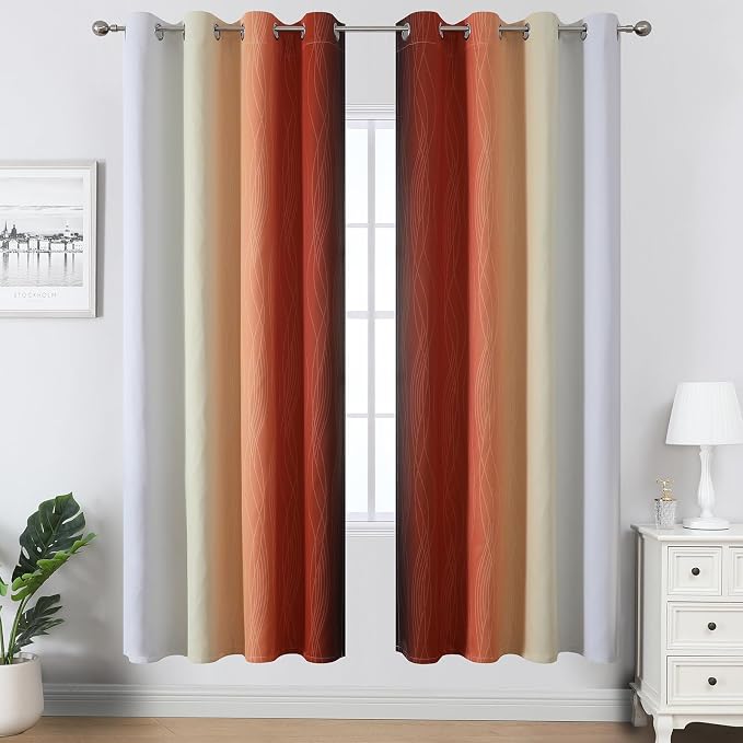 Burnt Orange and Greyish White Ombre Blackout Curtains - Image 2
