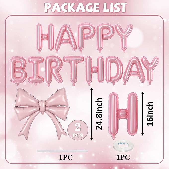 Pink Bow Happy Birthday Balloons Banner, 22 Inch Baby Pink Bow Foil Balloons - Image 2