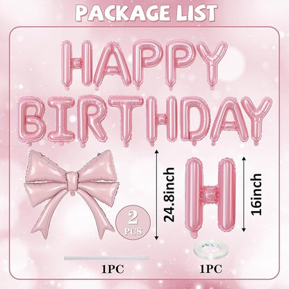 Pink Bow Happy Birthday Balloons Banner, 22 Inch Baby Pink Bow Foil Balloons - Image 2