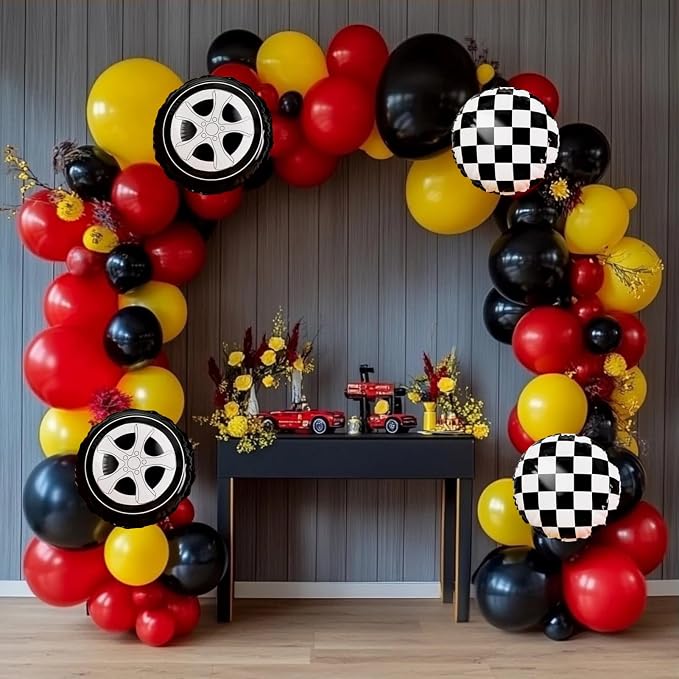Race Car Balloon Garland Arch Kit 157Pcs Red Black Yellow Checkered Wheel - Image 4