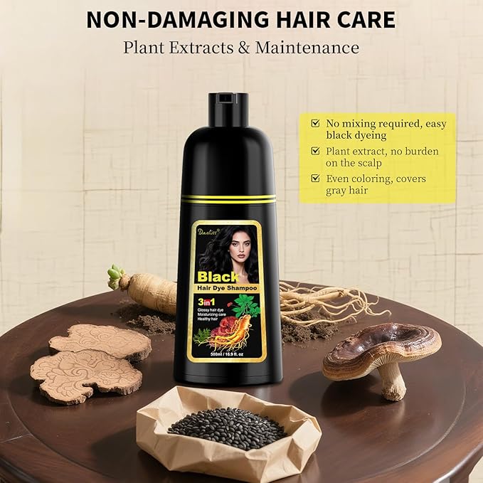 Hair Dye Shampoo 3 in1, Sulfate-Free Natural Black for Gray Hair, Semi-Permanent Hair Color Shampoo with Herbal Ingredients for Women and Men 16.9 oz (Black)