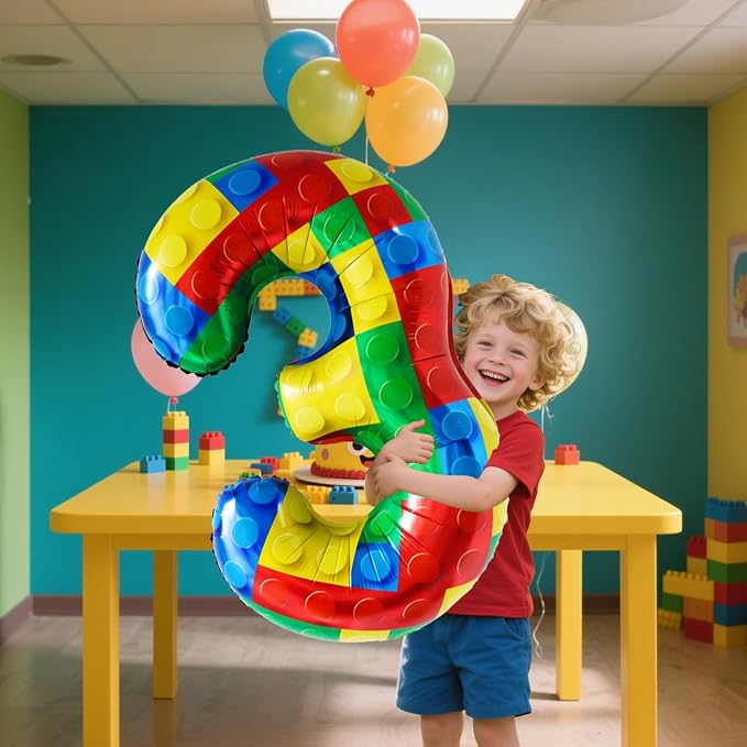 32 Inch Stackable Block Number 3 Balloon – Colorful Brick Building Themed Big - Image 3