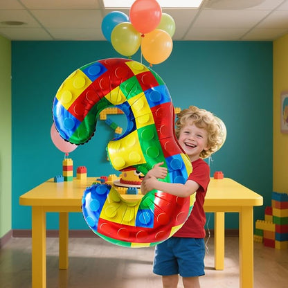 32 Inch Stackable Block Number 3 Balloon – Colorful Brick Building Themed Big - Image 3