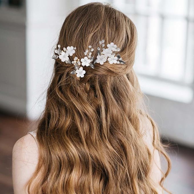 8Pcs Silver Bridal Wedding Hair Pins,White Flower Leaf Hair Piece Pearl Rhinestone Hair Clips,Hair Accessories for Women Brides Bridesmaid