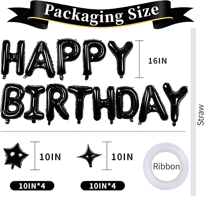 Black Happy Birthday Balloons Banner 16 Inch Mylar Foil Letters, 10 Inch Five & - Image 3