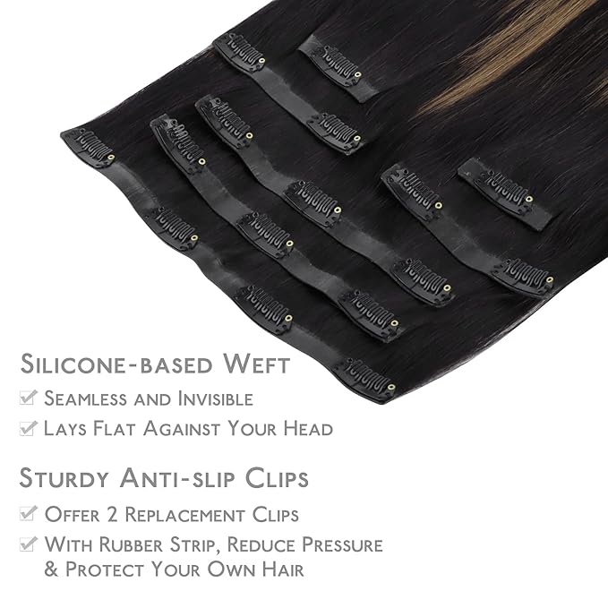 WENNALIFE Seamless Clip in Hair Extensions Human Hair, 12 Inch 80g 7pcs Balayage Natural Black to Chestnut Brown Real Hair Extensions Clip Ins Invisible PU Skin Weft Natural Remy Hair