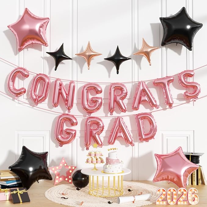 Congrats Grad Balloons, 16 Inch Rose Gold Black Congrats Grad Letters Banner by FunHot
