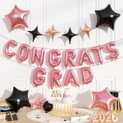 Congrats Grad Balloons, 16 Inch Rose Gold Black Congrats Grad Letters Banner by FunHot