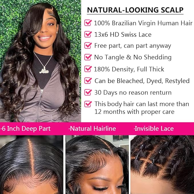 13x6 Body Wave Lace Front Wigs Pre-Plucked Glueless Wigs with 180% Density HD Transparent Lace Frontal Human Hair Wig for Black Women - 16 Inch