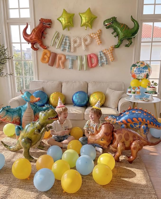 60 PCS Dinosaur Happy Birthday Foil Balloon Decoration Kit, Triceratops by Vrukiaa