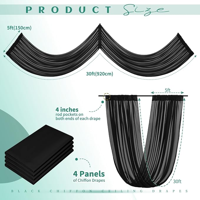 4 Panels Black Ceiling Drapes for Wedding 5ftx30ft Arch Draping Fabric Sheer - Image 2