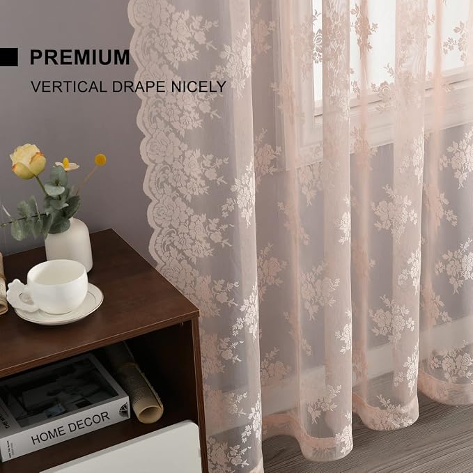 Kotile Blush Pink Floral Sheer Curtains - Image 6