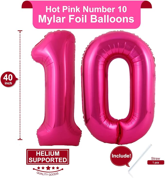 40 Inch Hot Pink 10 Number Balloons Giant 10 Balloons Hot Pink Birthday 10 - Image 2
