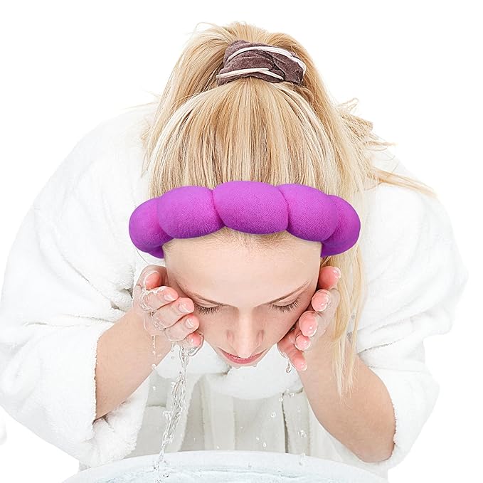Zkptops Spa Headband for Washing Face Wristband Set Sponge Makeup Skincare Terry Cloth Bubble Soft Get Ready Hairband for Women Girl Puffy Padded Headwear Non Slip Thick Hair Accessory(Dark Purple)