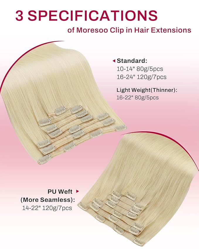 Moresoo Seamless Clip in Hair Extensions Real Human Hair Golden Platinum Blonde PU Weft Clip in Human Hair Extensions Blonde Full Head 7pcs 120g 20inch