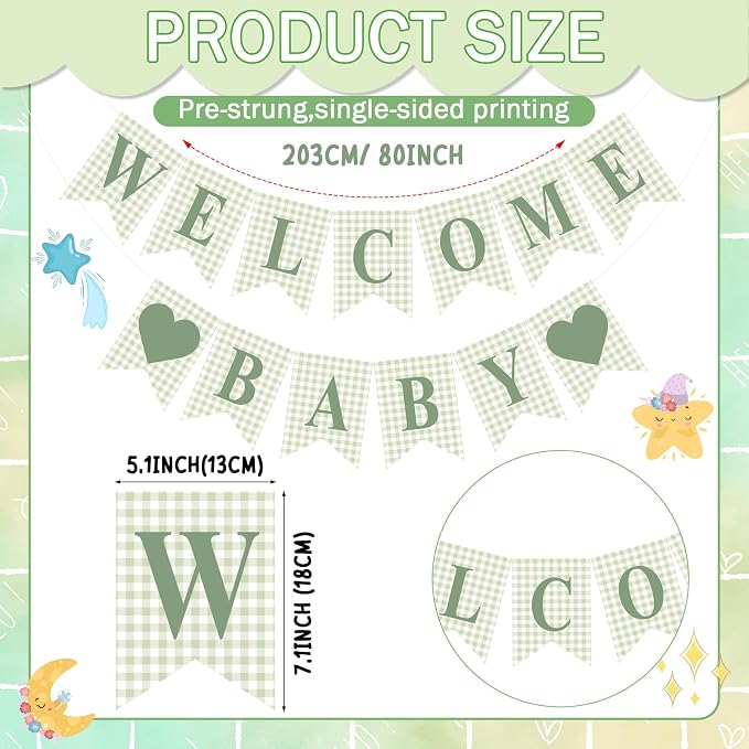 Hahafelt 1 Pcs Sage Green Gingham Welcome Baby Banner - Image 2