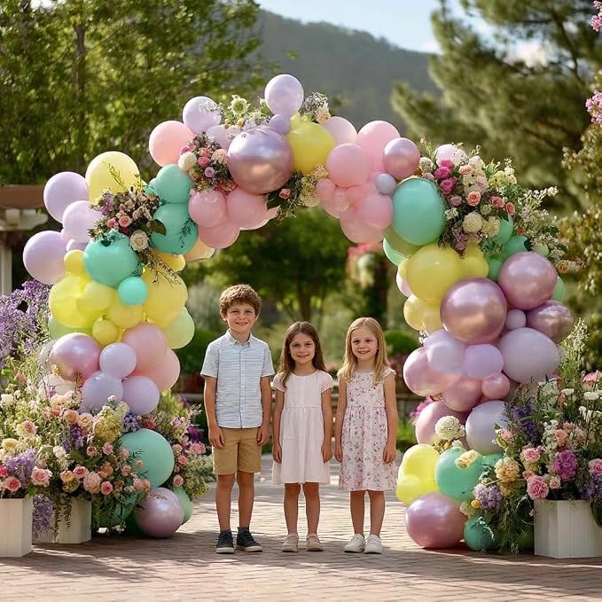 Pastel Balloon Garland Arch Kit Double Stuffed, Baby Pink Purple Yellow Green - Image 2