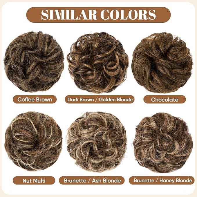 CJL HAIR Large Messy Bun Hair Piece Wavy Curly Scrunchies Synthetic Chignon Ponytail Hair Extensions Thick Updo Hairpieces for Women Brunette/Honey Blonde