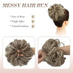 FESHFEN Messy Bun Hair Pieces - Large Wavy Curly Elastic Hair Bun Scrunchies Ponytail Extensions Synthetic Chignon Hairpieces for Women, Golden Brown & Bleach Blonde 1.94oz