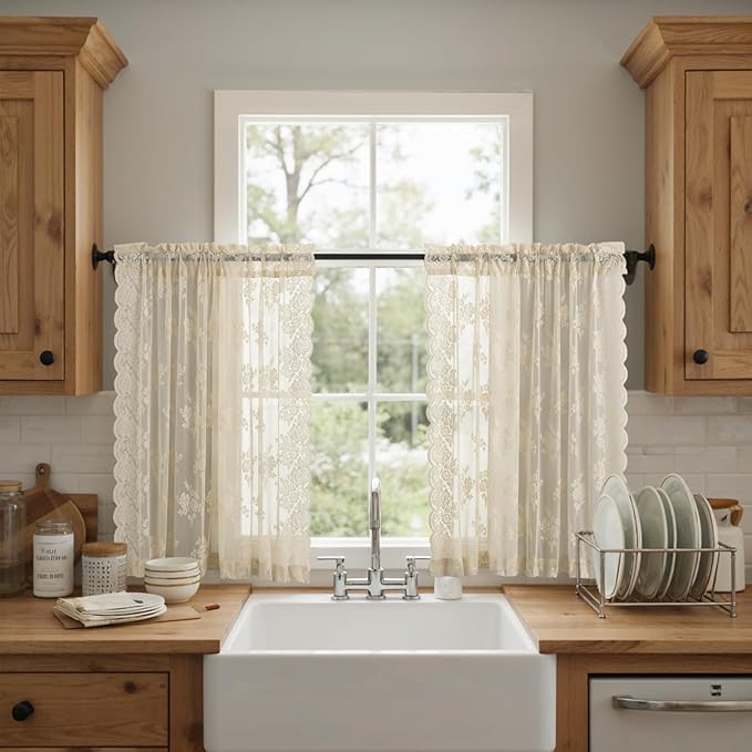 Kotile Beige Lace Kitchen Curtains Country Floral W42 x L36 Inch, 2 Panels | - Image 2