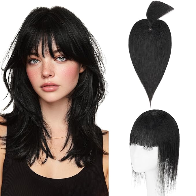Hairro Mono Hair Toppers with Bangs, 3.4" x 3.4" Mono Base 100% Real Human Hairpieces for Women, 150% Density Clips In Topper for Greyish Thinning Hair, 20 Inch Jet Black