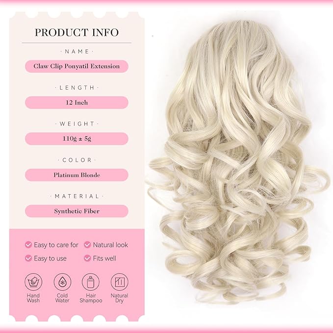 Clip on Ponytails for Women - 12 Inch Curly Ponytail Extension, Wavy Pony Tails Hair Extensions, Synthetic Hair Extensions Ponytail, Natural Hair Pieces for Women (Color: Platinum Blonde)