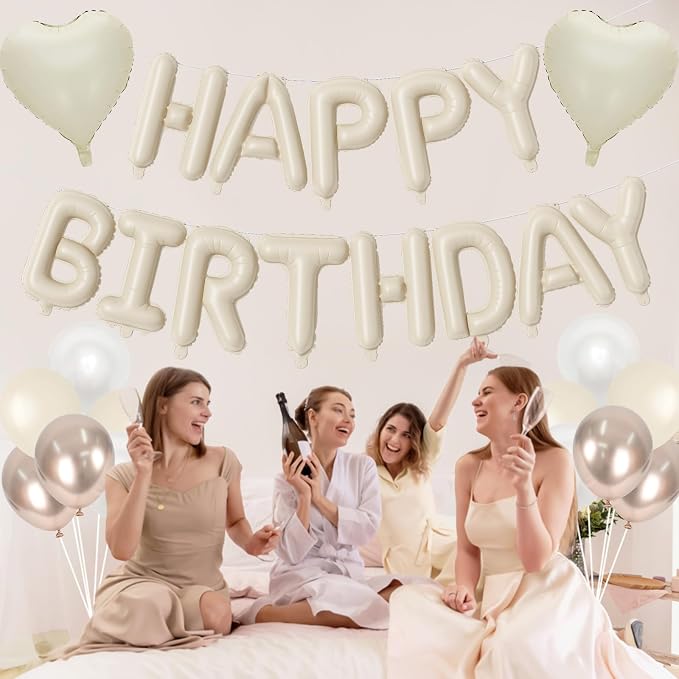 Happy Birthday Balloon Banner Cream, 16 Inch Beige Mylar Letters Heart Foil - Image 6