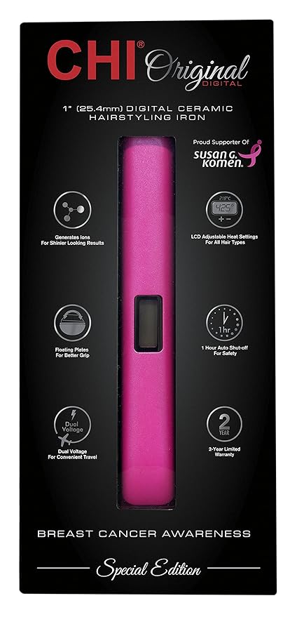 CHI Original Digital Ceramic Hair Straightener 1", Hairstyling Iron, Breast Cancer Awareness & Susan G. Komen Special Edition, Pink