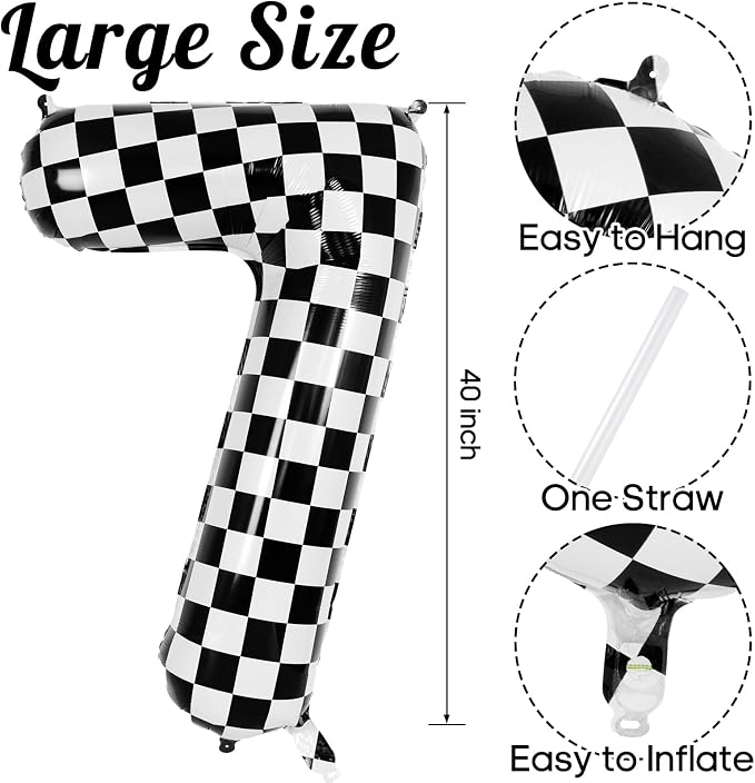 Checkered Number 7 Balloon 40 Inch, Large Foil Black and White Number Balloons - Image 3